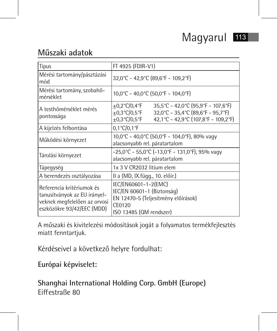 Magyarul, Műszaki adatok | AEG FT 4925 User Manual | Page 113 / 138