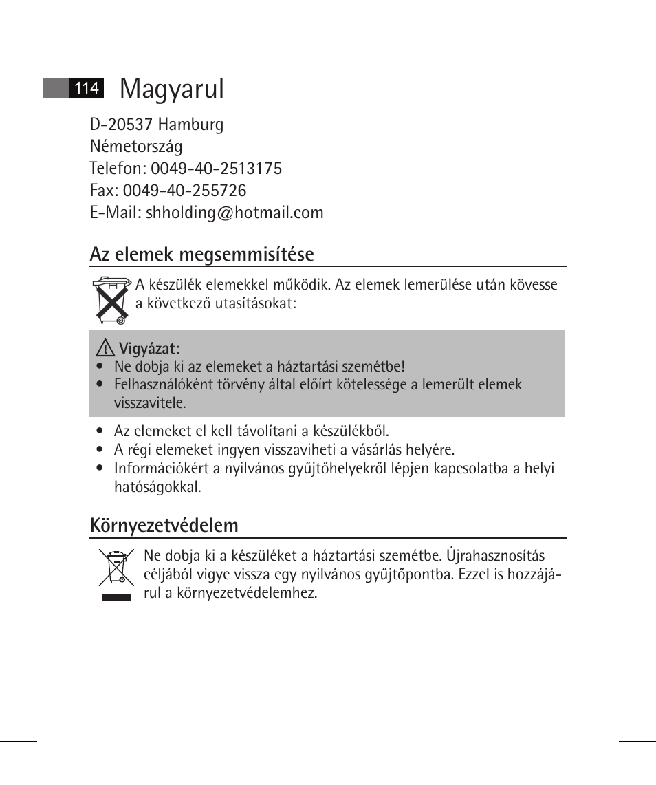 Magyarul, Az elemek megsemmisítése, Környezetvédelem | AEG FT 4925 User Manual | Page 114 / 138