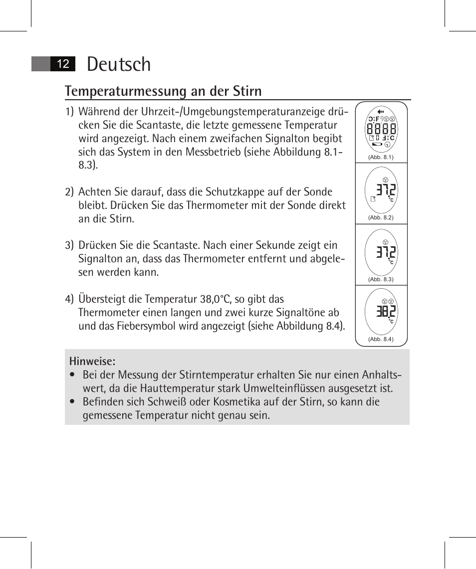 Deutsch, Temperaturmessung an der stirn | AEG FT 4925 User Manual | Page 12 / 138