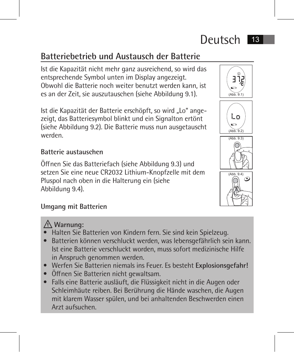 Deutsch, Batteriebetrieb und austausch der batterie | AEG FT 4925 User Manual | Page 13 / 138