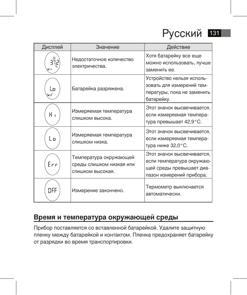 Русский, Время и температура окружающей среды | AEG FT 4925 User Manual | Page 131 / 138