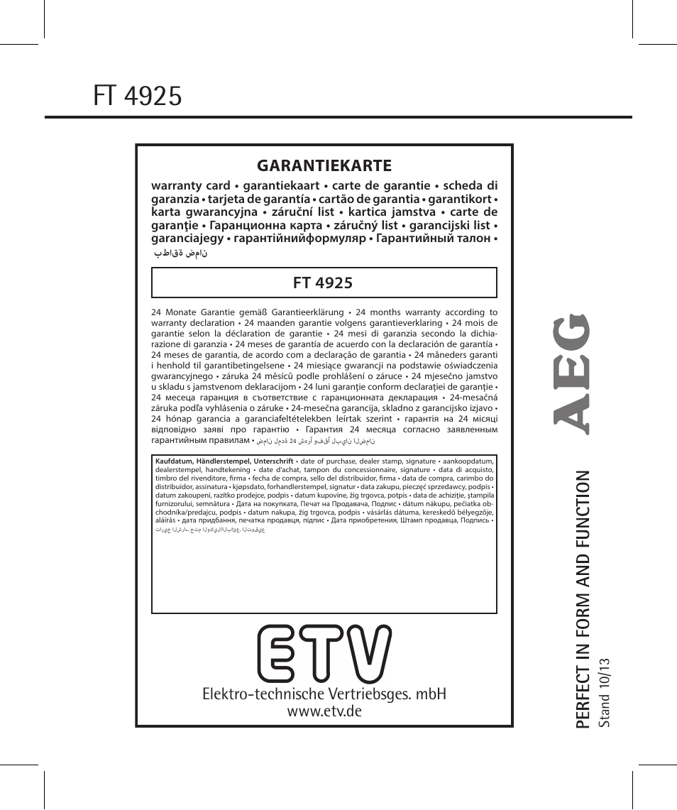 Ft 4925, Ft 4925 garantiekarte, Stand 1 0/13 | AEG FT 4925 User Manual | Page 138 / 138