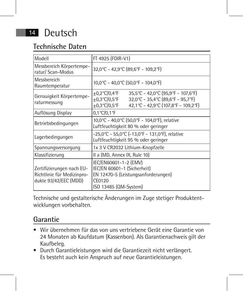 Deutsch, Technische daten, Garantie | AEG FT 4925 User Manual | Page 14 / 138