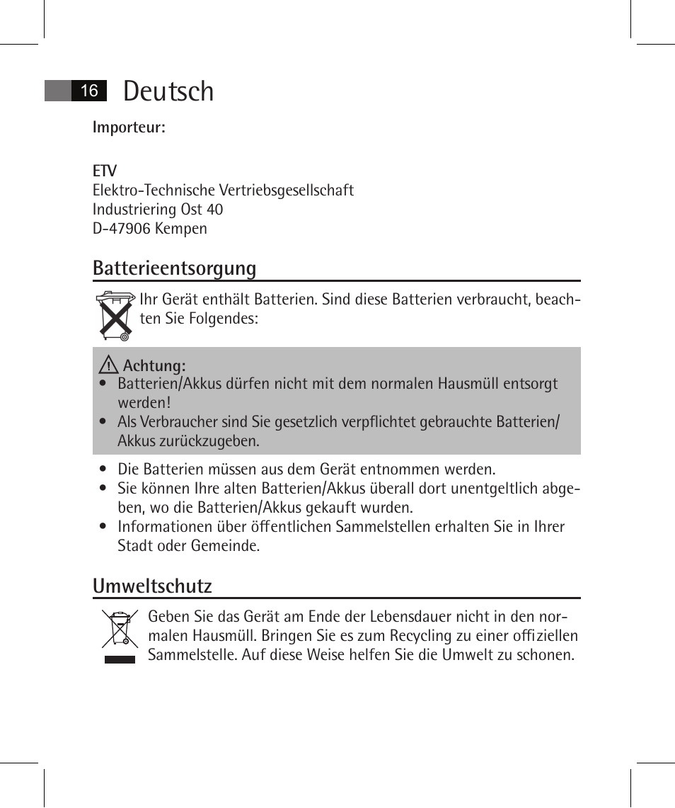 Deutsch, Batterieentsorgung, Umweltschutz | AEG FT 4925 User Manual | Page 16 / 138