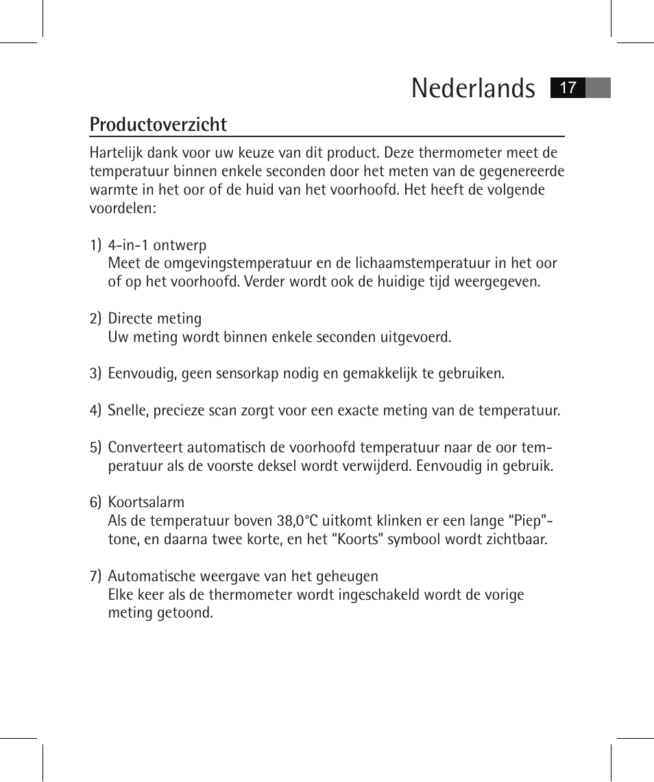 Nederlands, Productoverzicht | AEG FT 4925 User Manual | Page 17 / 138