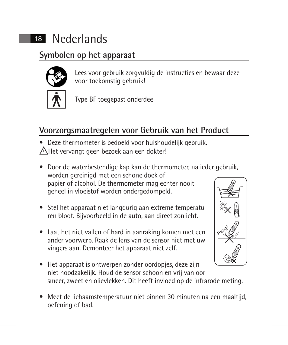 Nederlands, Symbolen op het apparaat, Voorzorgsmaatregelen voor gebruik van het product | AEG FT 4925 User Manual | Page 18 / 138