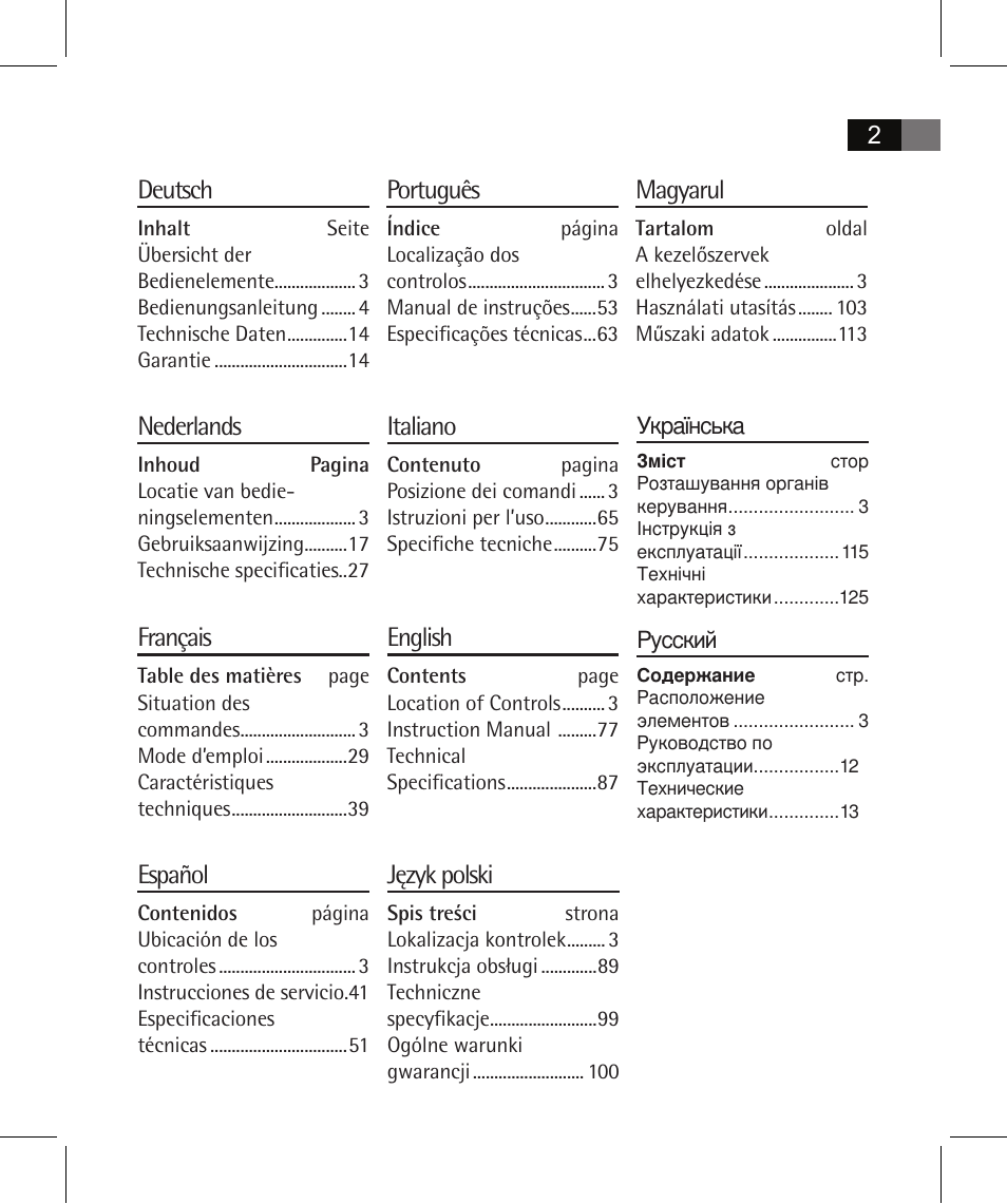 Nederlands, Français, Magyarul | Español, Język polski, Deutsch, Italiano, English, Português | AEG FT 4925 User Manual | Page 2 / 138