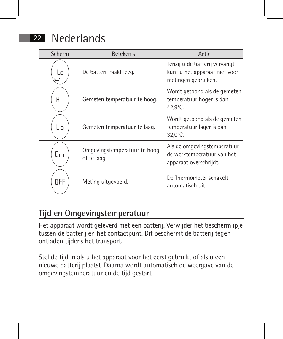 Nederlands, Tijd en omgevingstemperatuur | AEG FT 4925 User Manual | Page 22 / 138