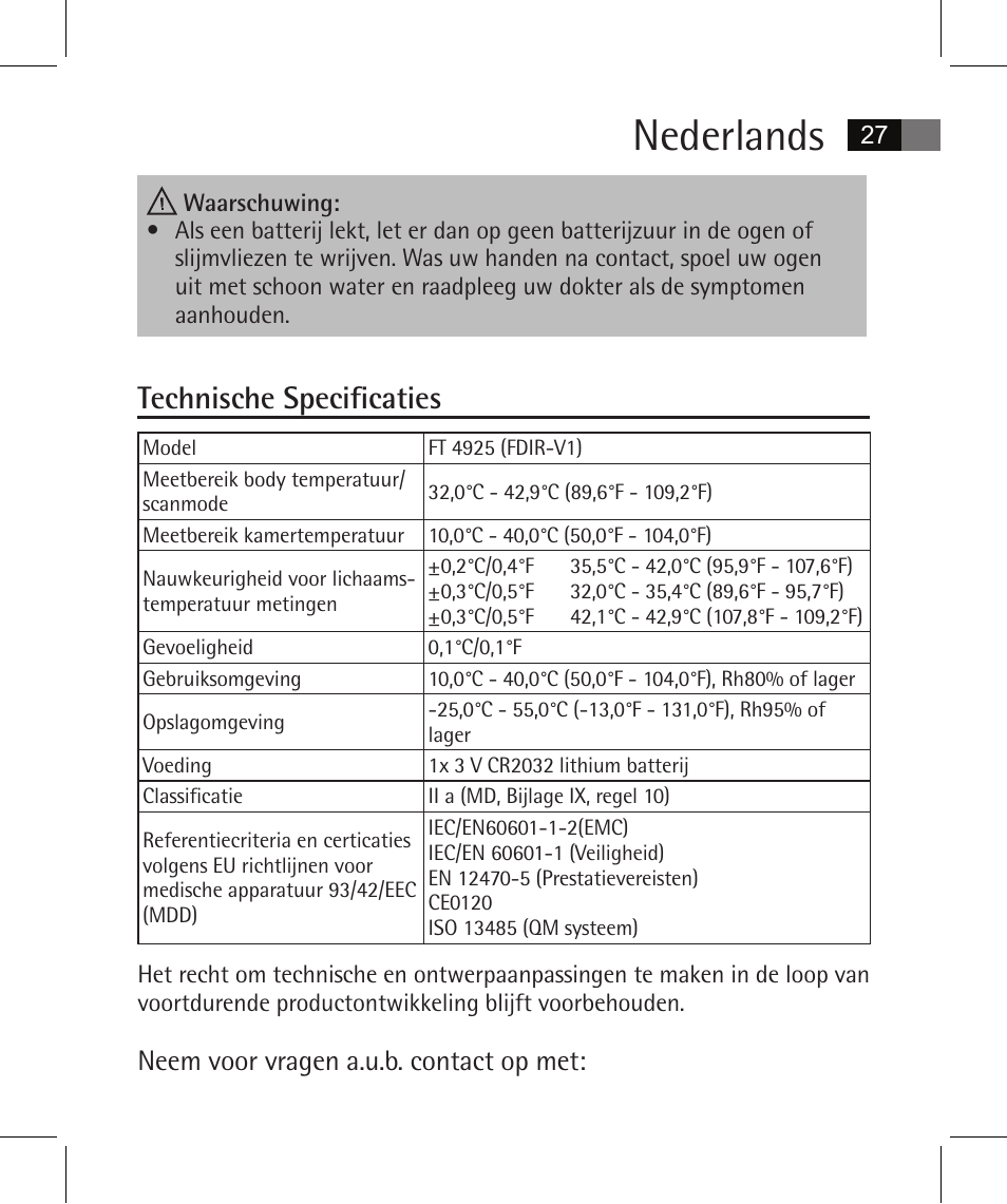 Nederlands, Technische specificaties, Neem voor vragen a.u.b. contact op met | AEG FT 4925 User Manual | Page 27 / 138