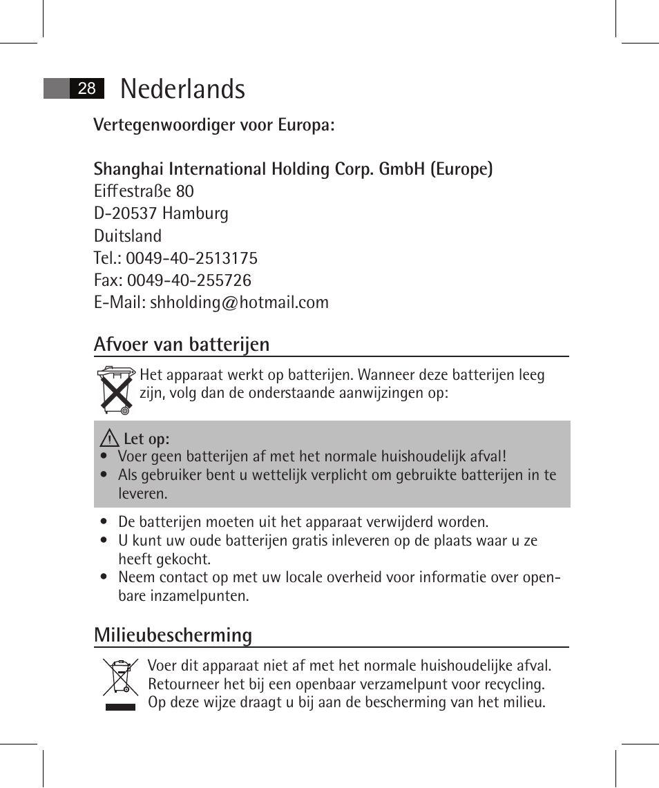 Nederlands, Afvoer van batterijen, Milieubescherming | AEG FT 4925 User Manual | Page 28 / 138