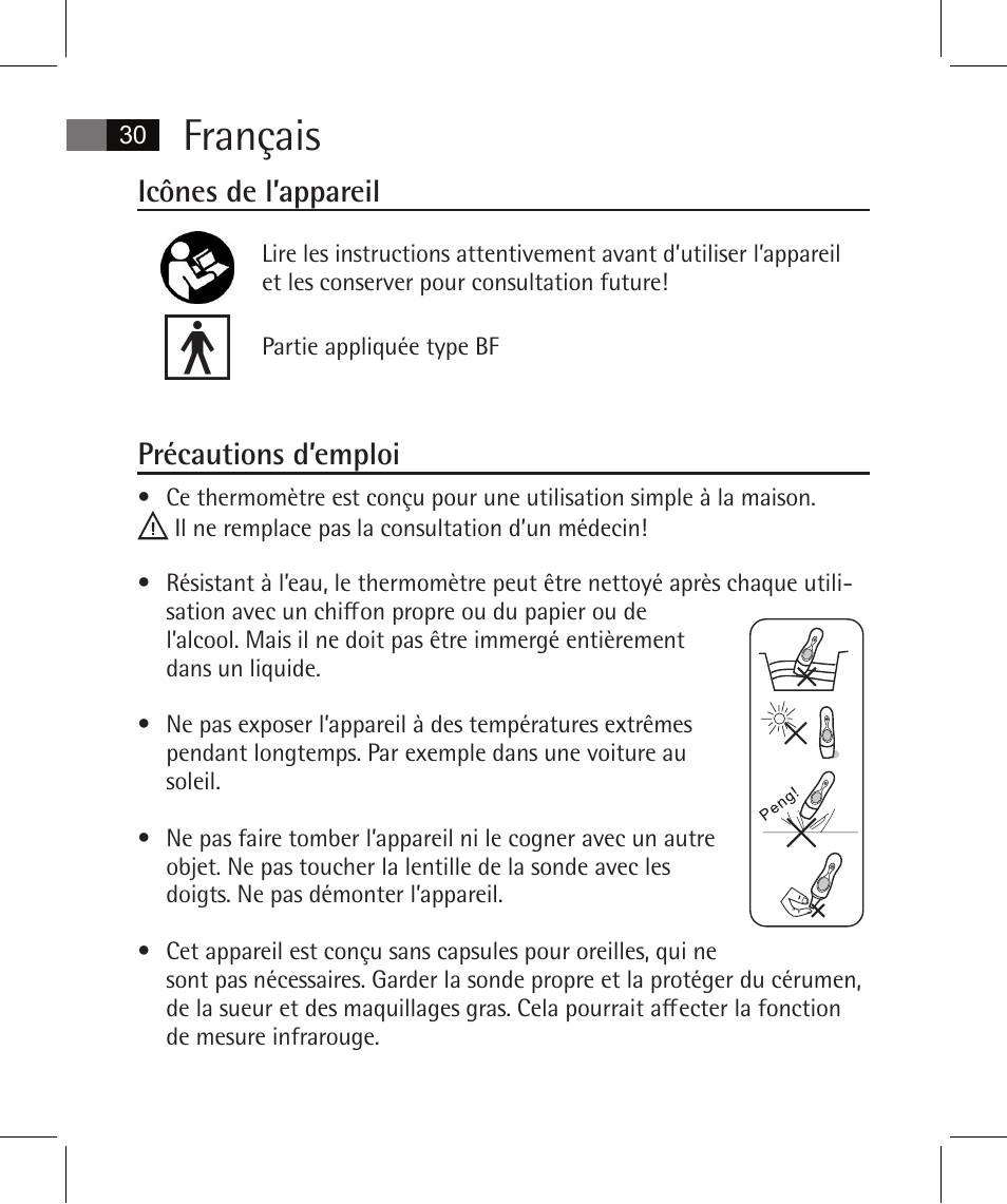 Français, Icônes de l’appareil, Précautions d’emploi | AEG FT 4925 User Manual | Page 30 / 138