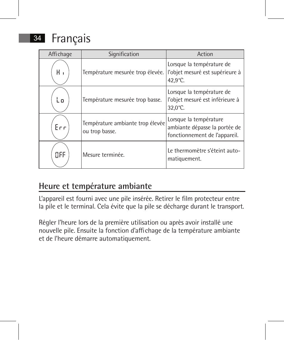 Français, Heure et température ambiante | AEG FT 4925 User Manual | Page 34 / 138