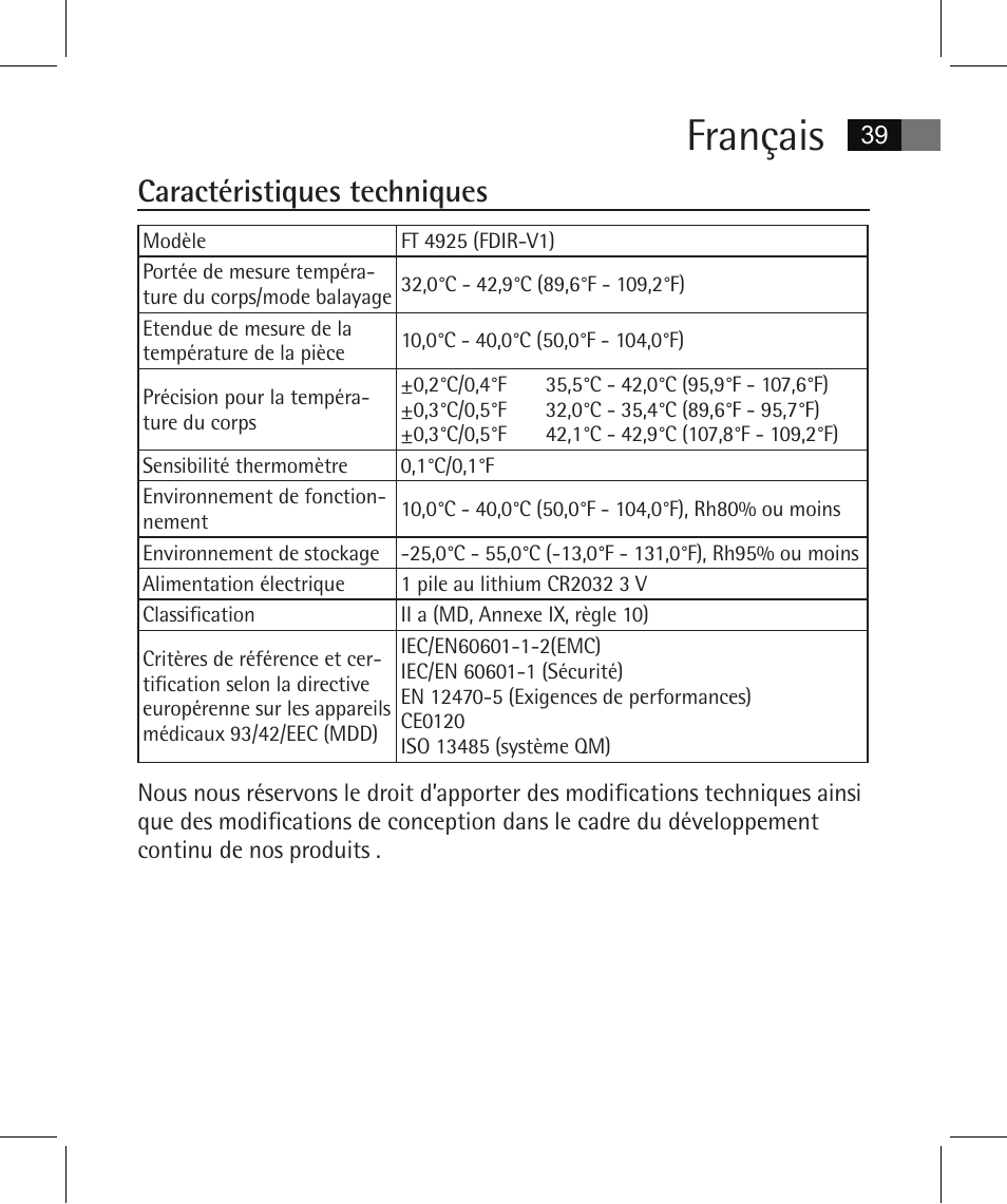 Français, Caractéristiques techniques | AEG FT 4925 User Manual | Page 39 / 138