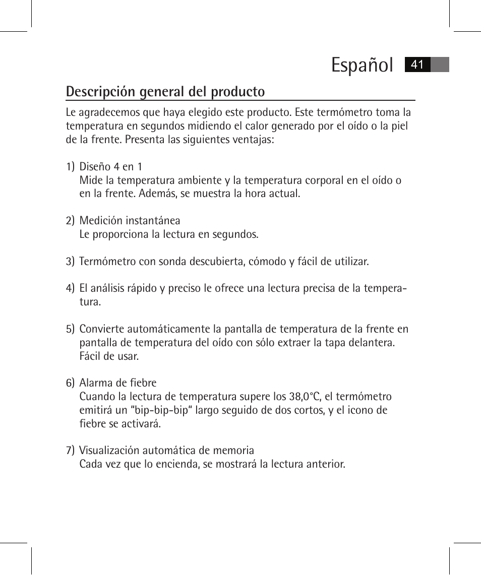 Español, Descripción general del producto | AEG FT 4925 User Manual | Page 41 / 138