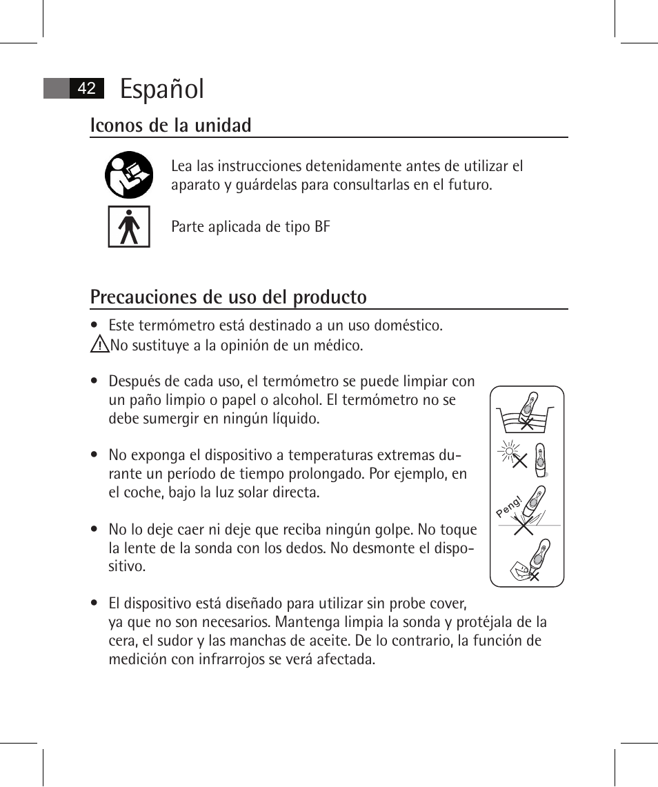 Español, Iconos de la unidad, Precauciones de uso del producto | AEG FT 4925 User Manual | Page 42 / 138