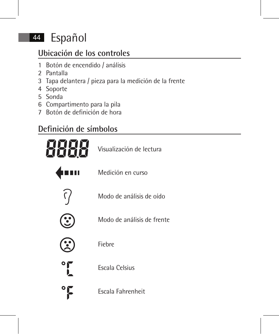 Español, Ubicación de los controles, Definición de símbolos | AEG FT 4925 User Manual | Page 44 / 138