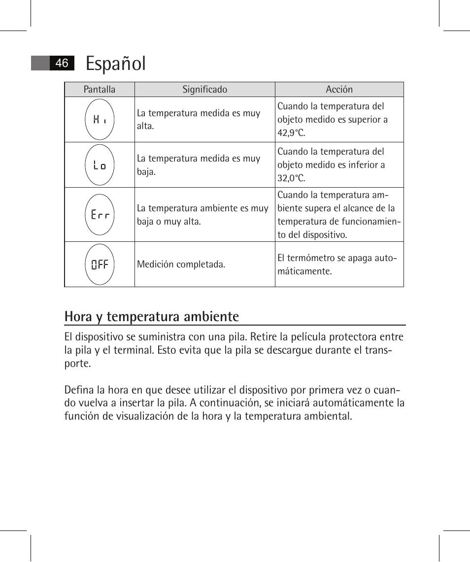 Español, Hora y temperatura ambiente | AEG FT 4925 User Manual | Page 46 / 138