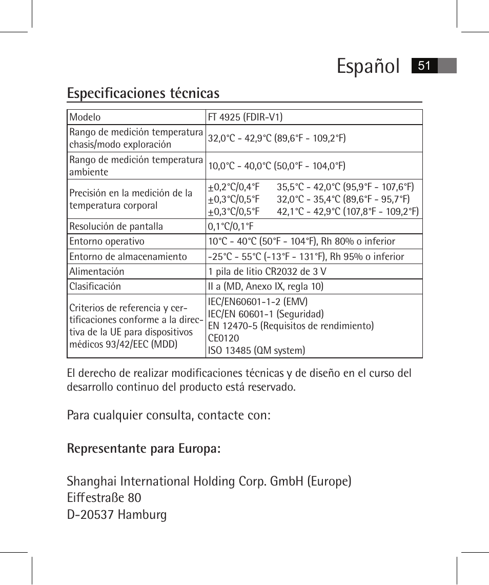 Español, Especificaciones técnicas | AEG FT 4925 User Manual | Page 51 / 138