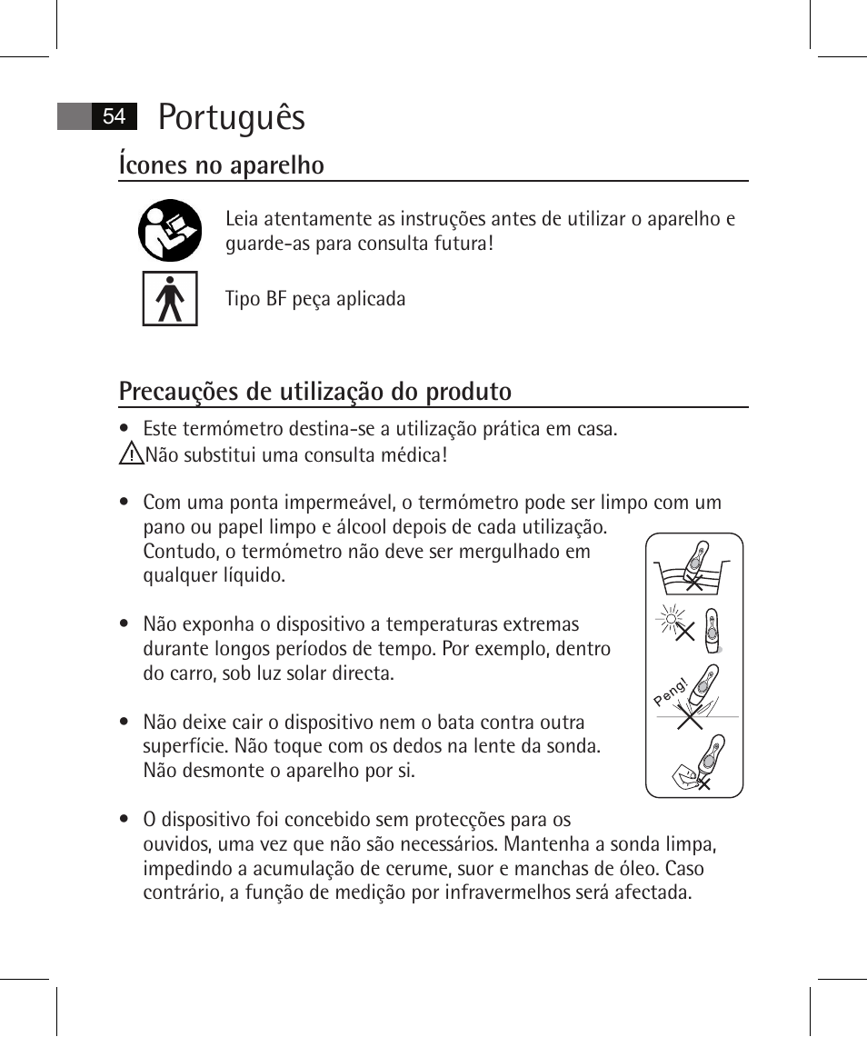 Português, Ícones no aparelho, Precauções de utilização do produto | AEG FT 4925 User Manual | Page 54 / 138