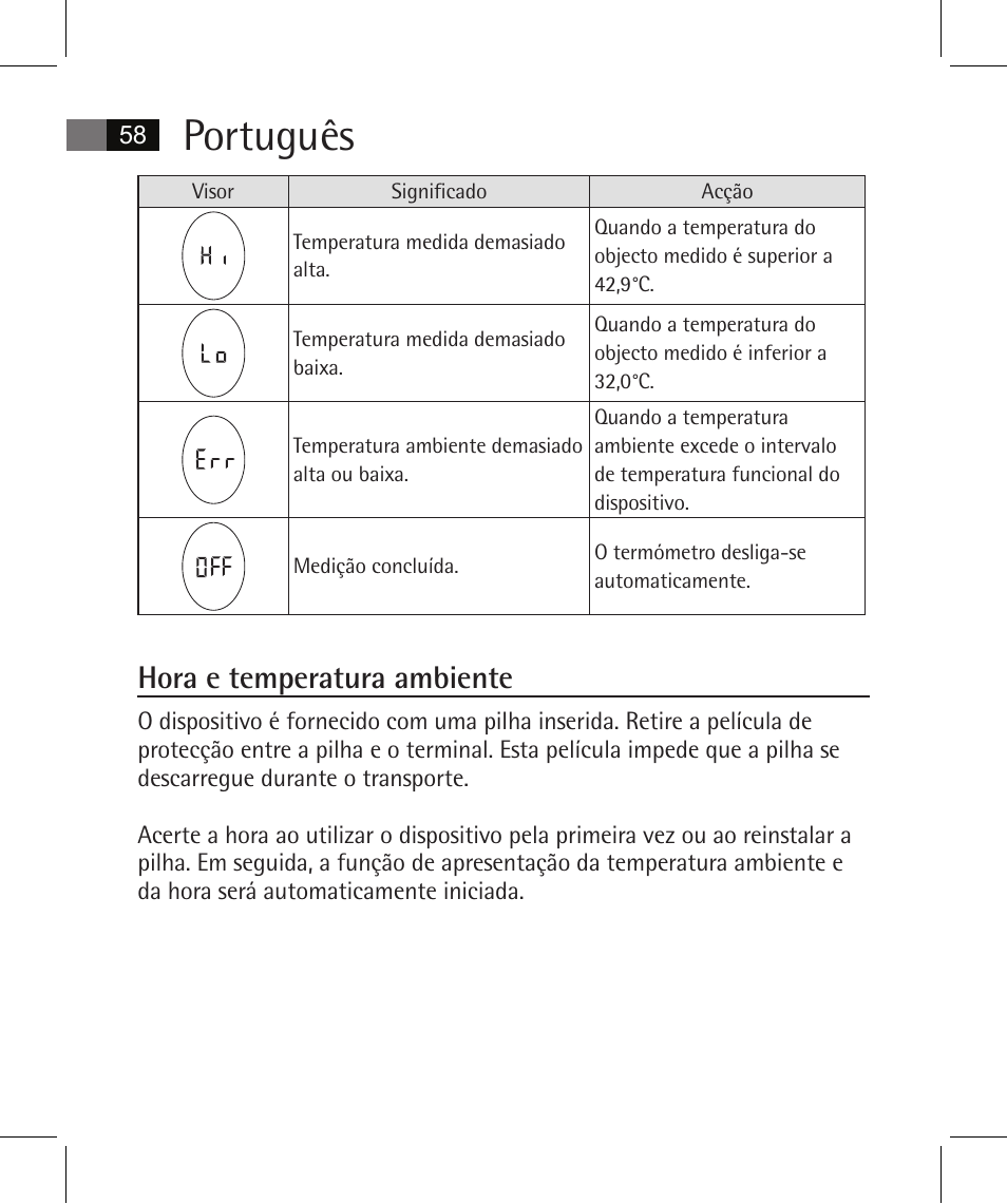 Português, Hora e temperatura ambiente | AEG FT 4925 User Manual | Page 58 / 138