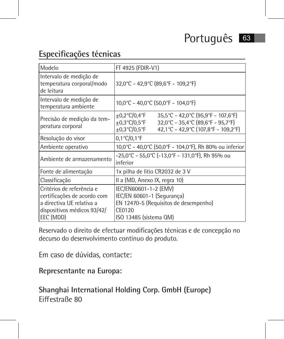 Português, Especificações técnicas | AEG FT 4925 User Manual | Page 63 / 138