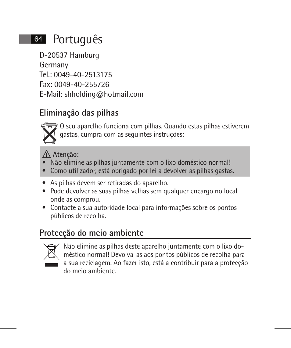 Português, Eliminação das pilhas, Protecção do meio ambiente | AEG FT 4925 User Manual | Page 64 / 138