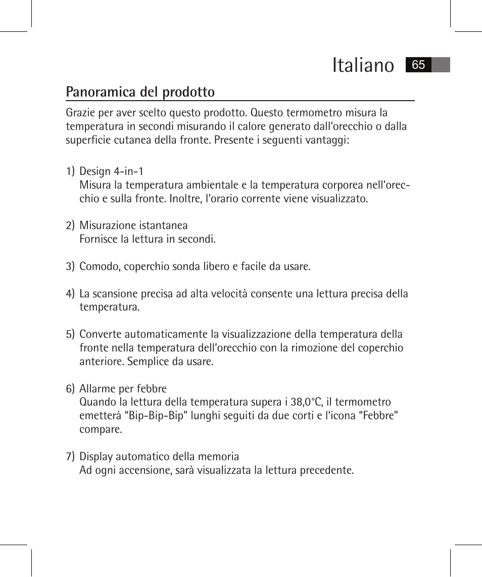 Italiano, Panoramica del prodotto | AEG FT 4925 User Manual | Page 65 / 138