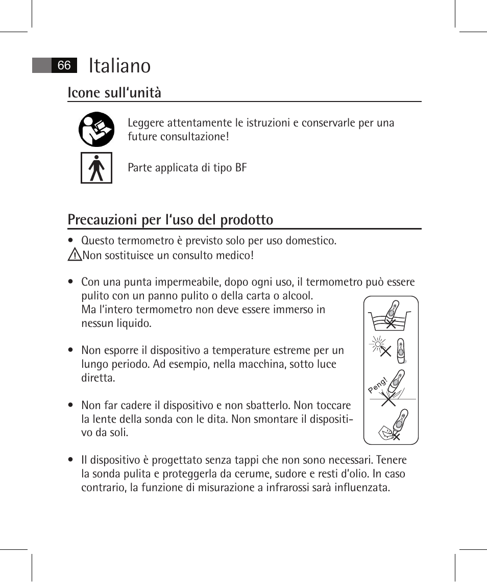 Italiano, Icone sull‘unità, Precauzioni per l‘uso del prodotto | AEG FT 4925 User Manual | Page 66 / 138