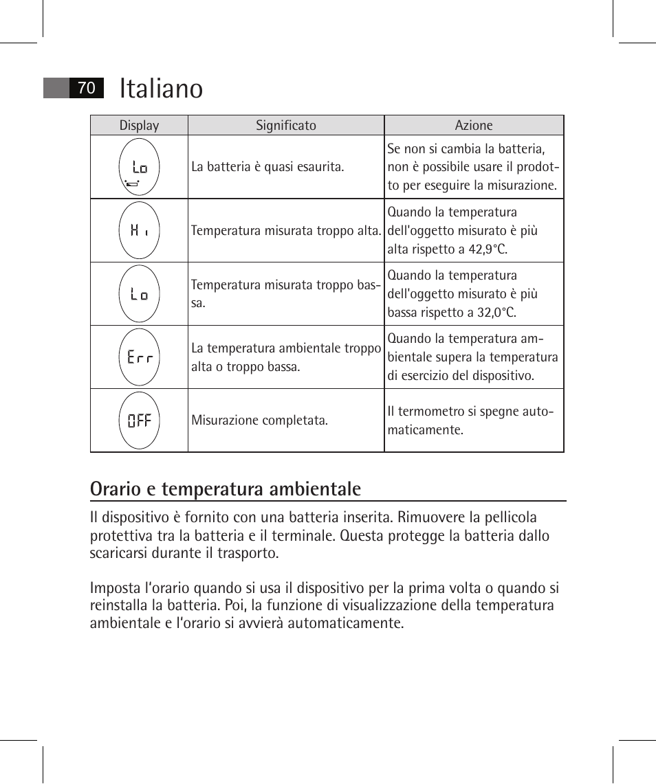 Italiano, Orario e temperatura ambientale | AEG FT 4925 User Manual | Page 70 / 138