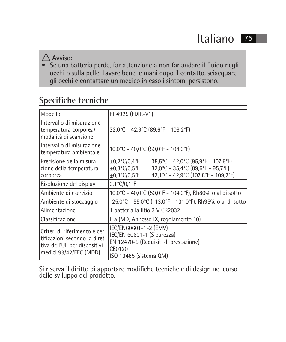 Italiano, Specifiche tecniche | AEG FT 4925 User Manual | Page 75 / 138