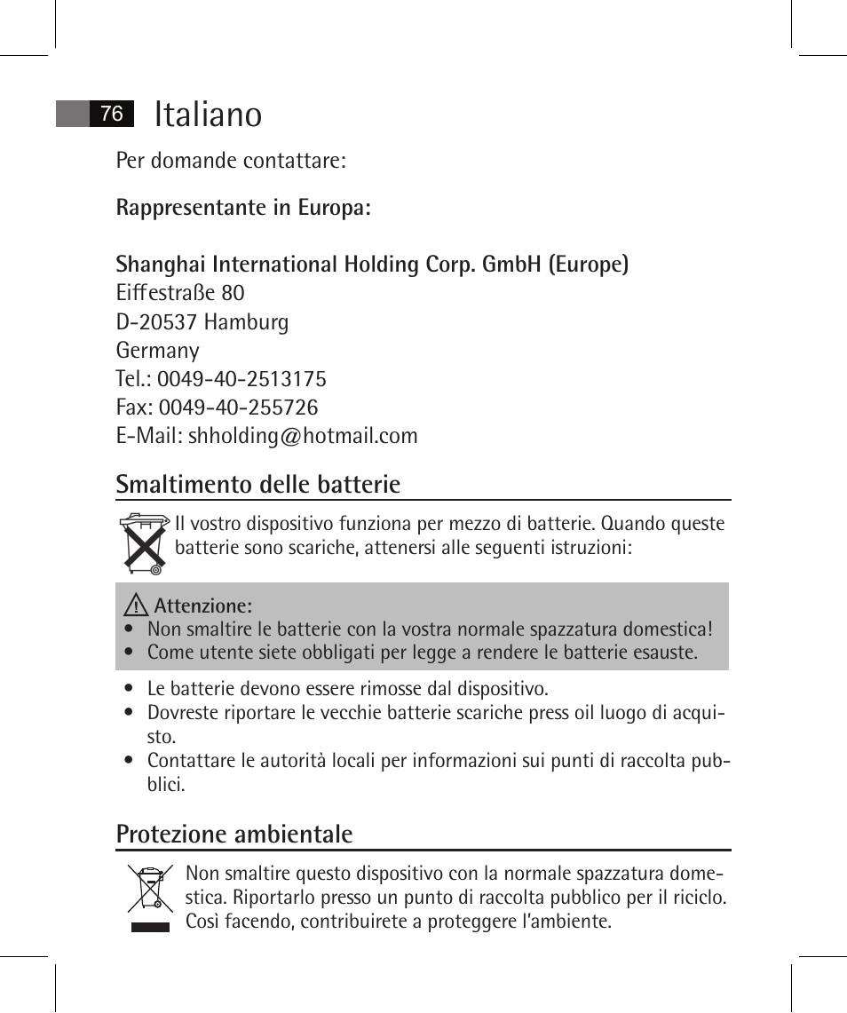 Italiano, Smaltimento delle batterie, Protezione ambientale | AEG FT 4925 User Manual | Page 76 / 138