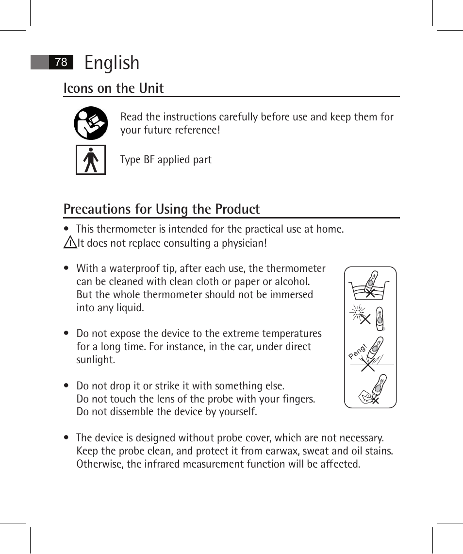 English, Icons on the unit, Precautions for using the product | AEG FT 4925 User Manual | Page 78 / 138