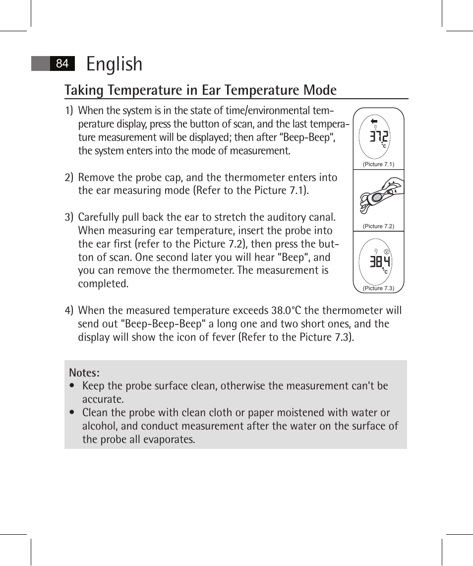 English, Taking temperature in ear temperature mode | AEG FT 4925 User Manual | Page 84 / 138