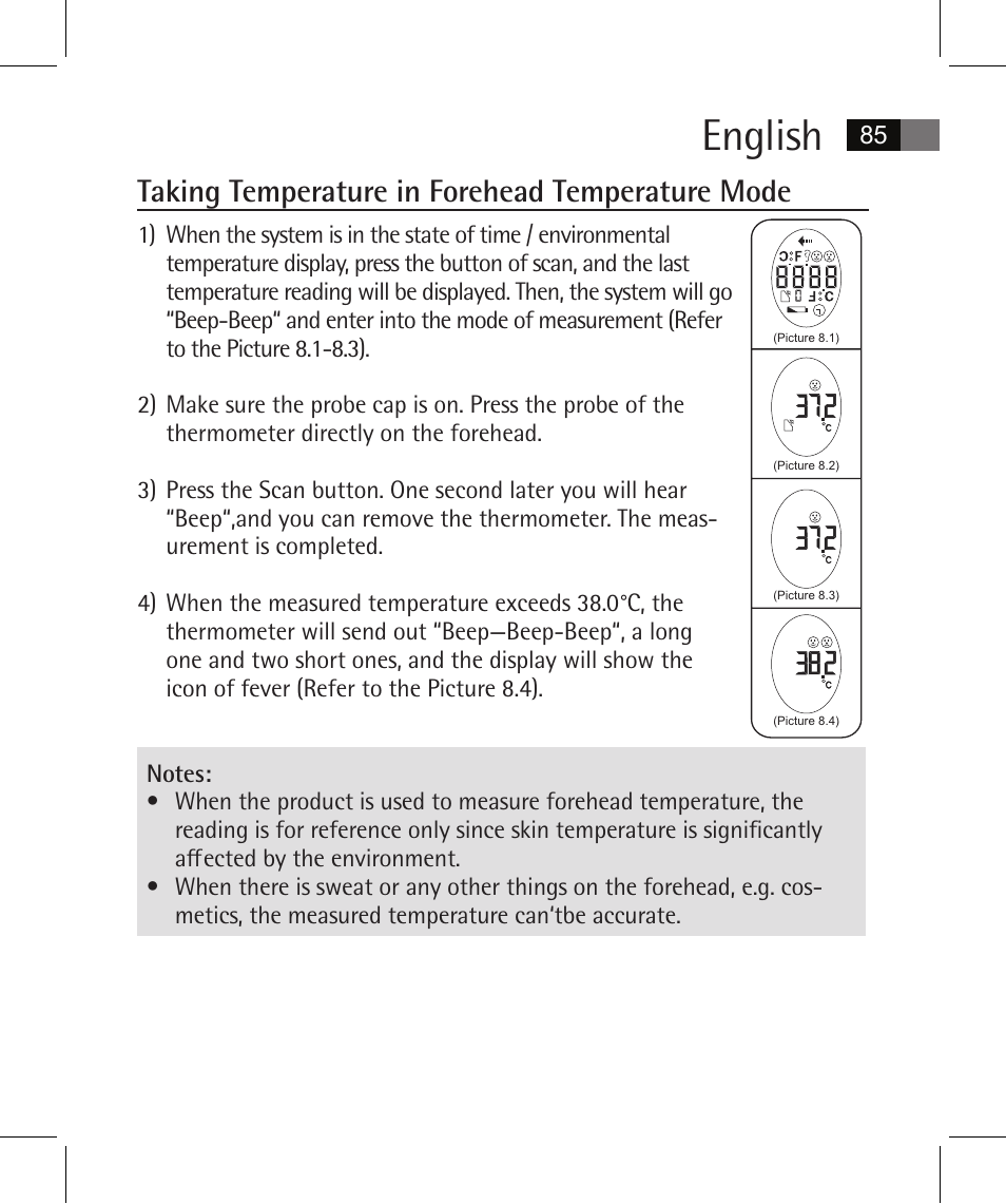 English, Taking temperature in forehead temperature mode | AEG FT 4925 User Manual | Page 85 / 138