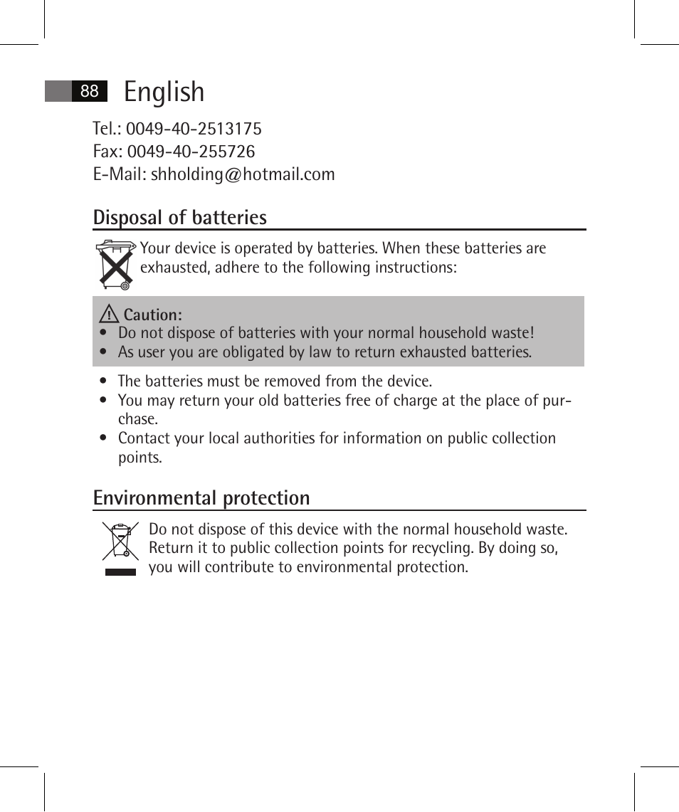 English, Disposal of batteries, Environmental protection | AEG FT 4925 User Manual | Page 88 / 138