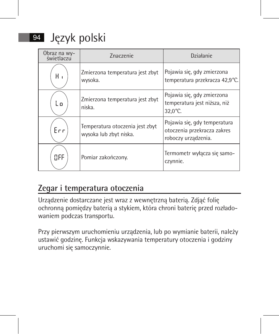 Język polski, Zegar i temperatura otoczenia | AEG FT 4925 User Manual | Page 94 / 138