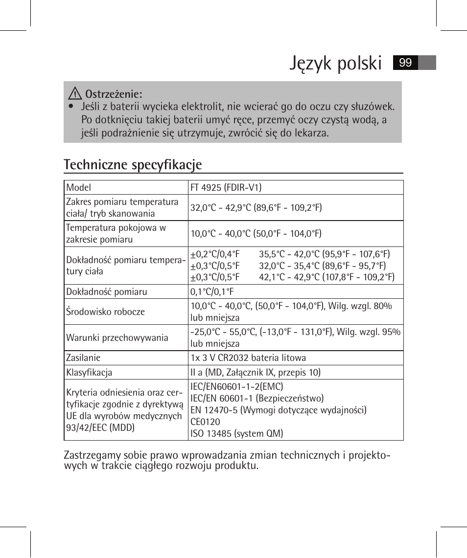 Język polski, Techniczne specyfikacje | AEG FT 4925 User Manual | Page 99 / 138