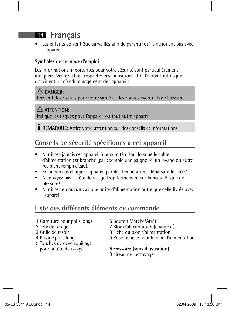 Français, Conseils de sécurité spécifi ques à cet appareil, Liste des diff érents éléments de commande | AEG LS 5541 User Manual | Page 14 / 54