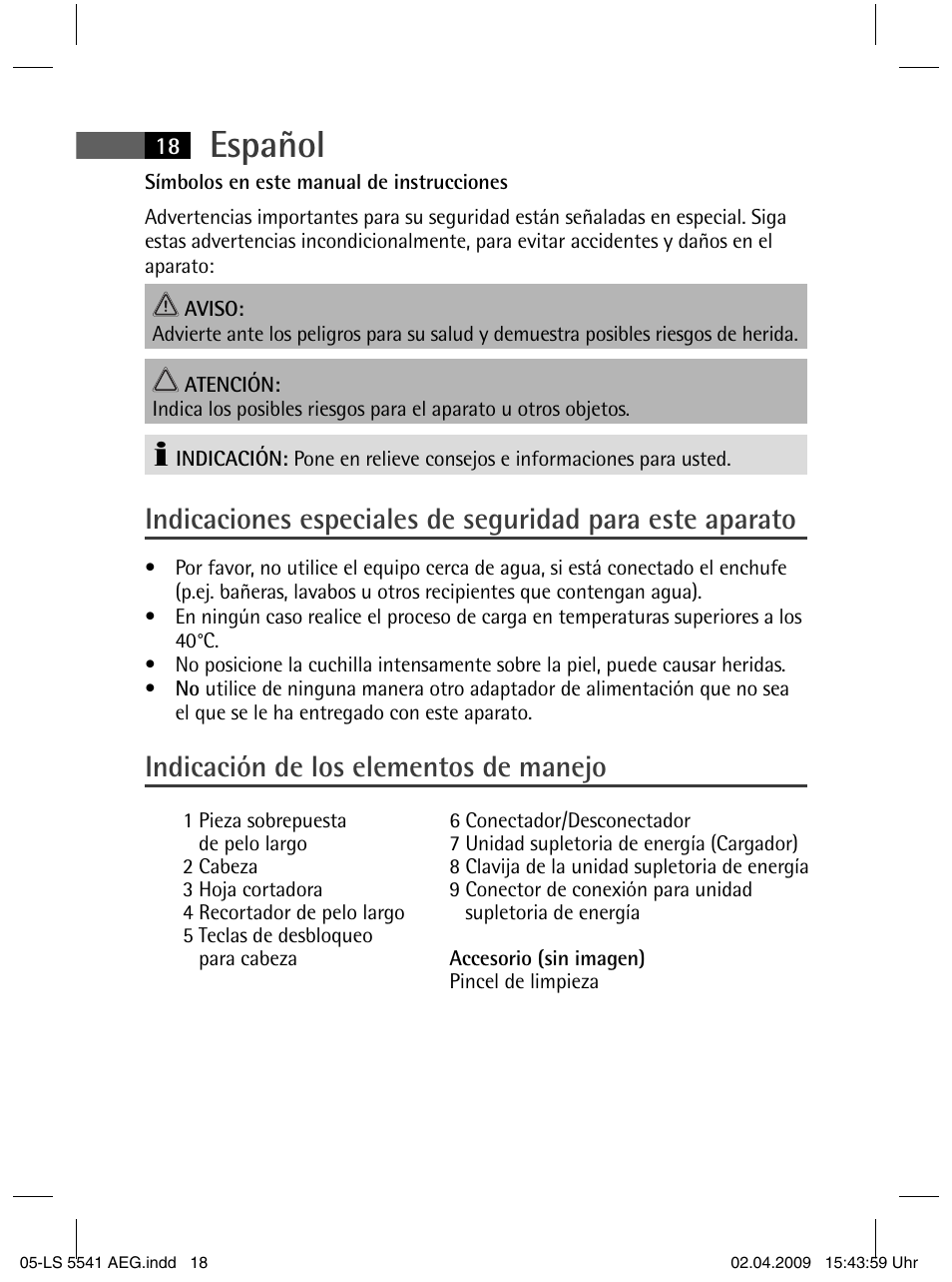 Español, Indicación de los elementos de manejo | AEG LS 5541 User Manual | Page 18 / 54