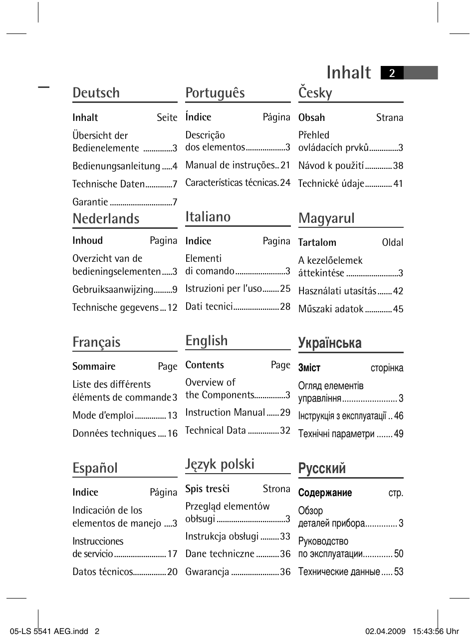 Inhalt, Deutsch, Nederlands | Français, Español, Português, Italiano, English, Język polski, Česky | AEG LS 5541 User Manual | Page 2 / 54