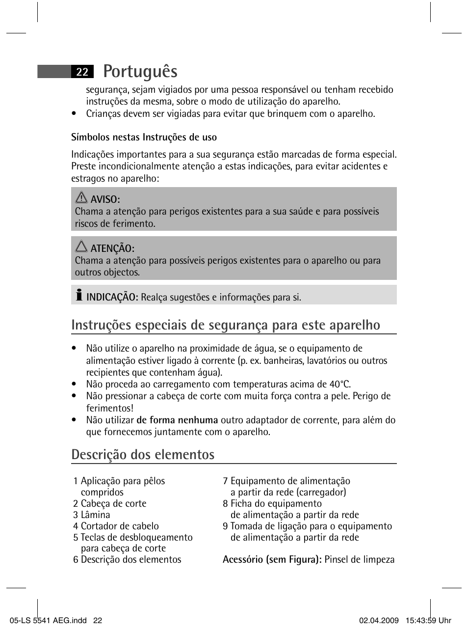 Português, Descrição dos elementos | AEG LS 5541 User Manual | Page 22 / 54