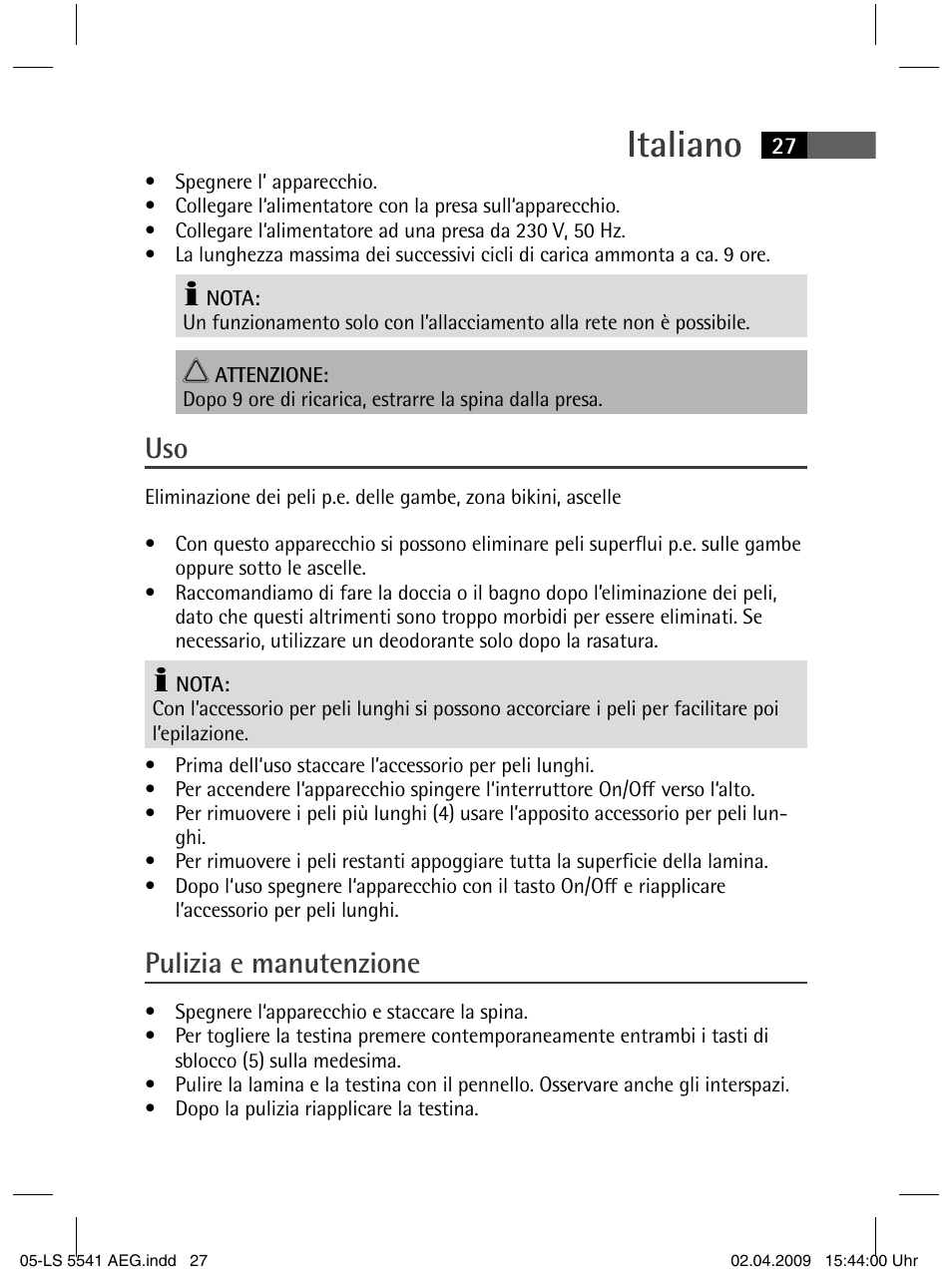 Italiano, Pulizia e manutenzione | AEG LS 5541 User Manual | Page 27 / 54