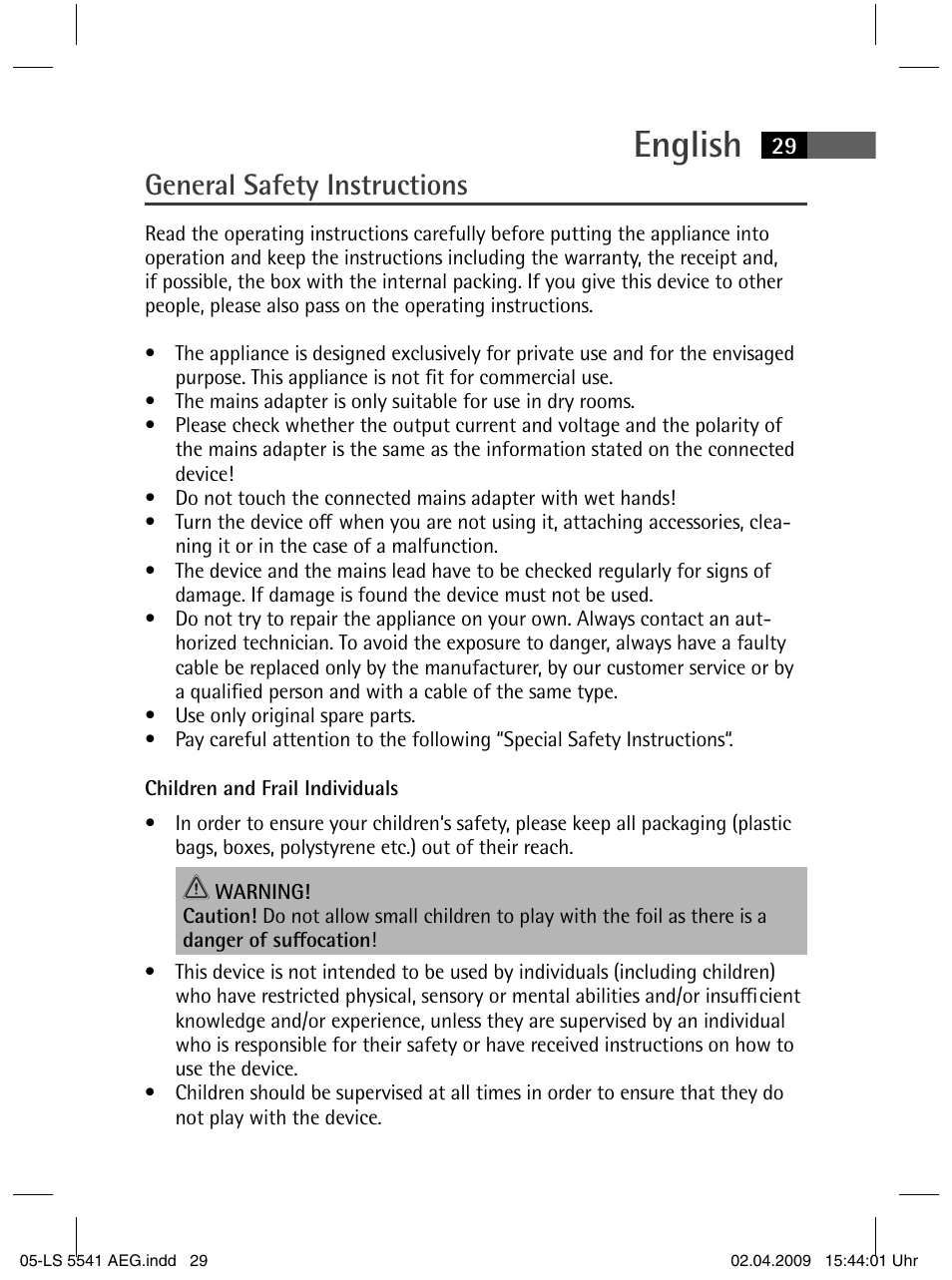 English, General safety instructions | AEG LS 5541 User Manual | Page 29 / 54