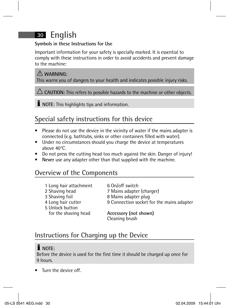 English, Special safety instructions for this device, Overview of the components | Instructions for charging up the device | AEG LS 5541 User Manual | Page 30 / 54