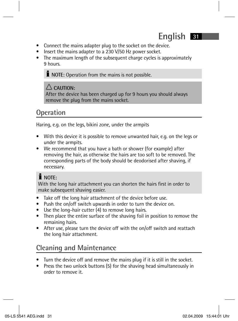 English, Operation, Cleaning and maintenance | AEG LS 5541 User Manual | Page 31 / 54