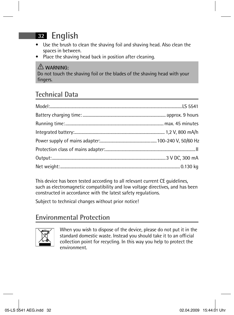 English, Technical data, Environmental protection | AEG LS 5541 User Manual | Page 32 / 54