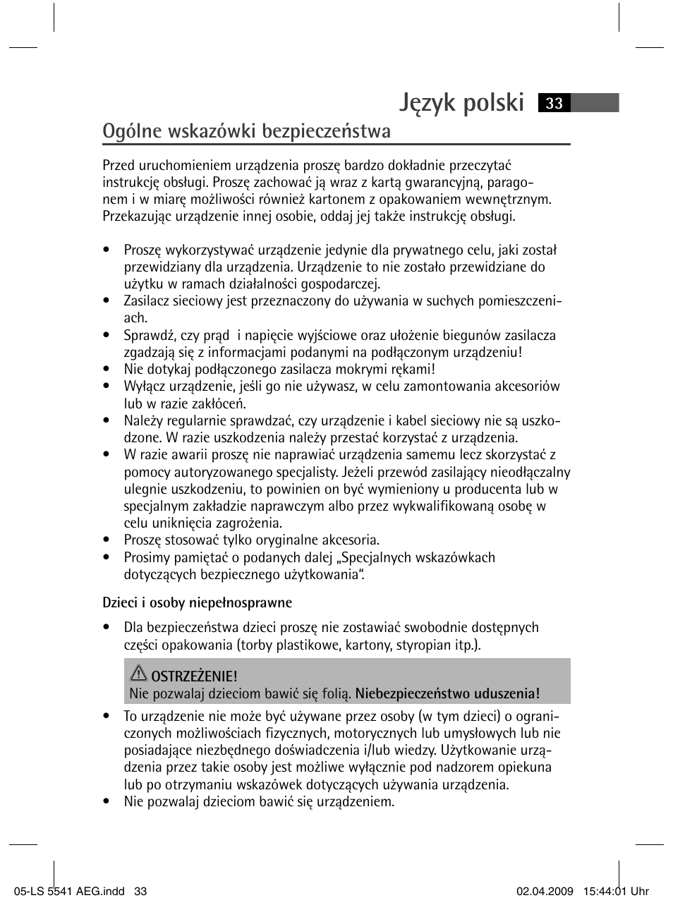 Język polski, Ogólne wskazówki bezpieczeństwa | AEG LS 5541 User Manual | Page 33 / 54