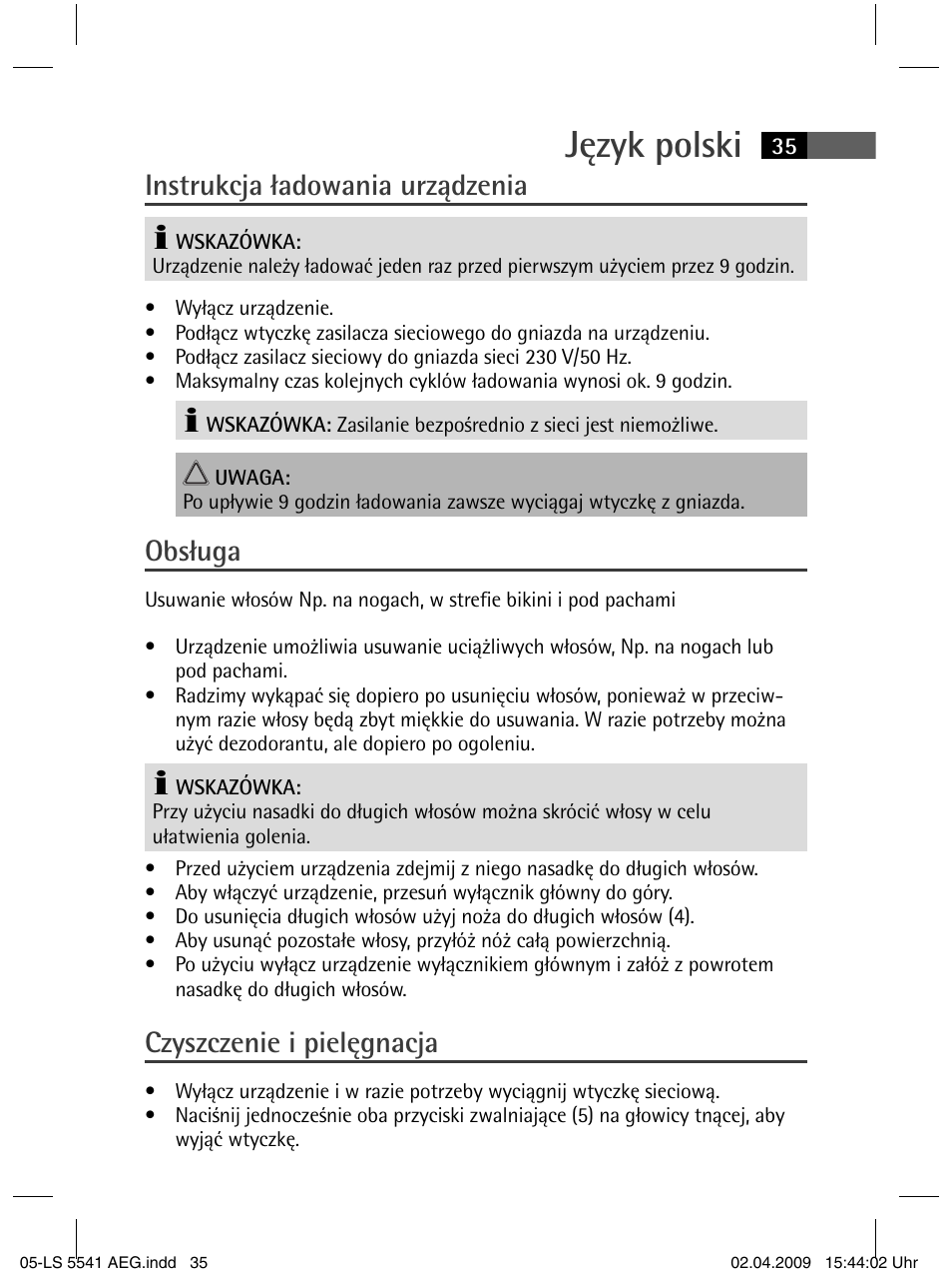 Język polski, Instrukcja ładowania urządzenia, Obsługa | Czyszczenie i pielęgnacja | AEG LS 5541 User Manual | Page 35 / 54