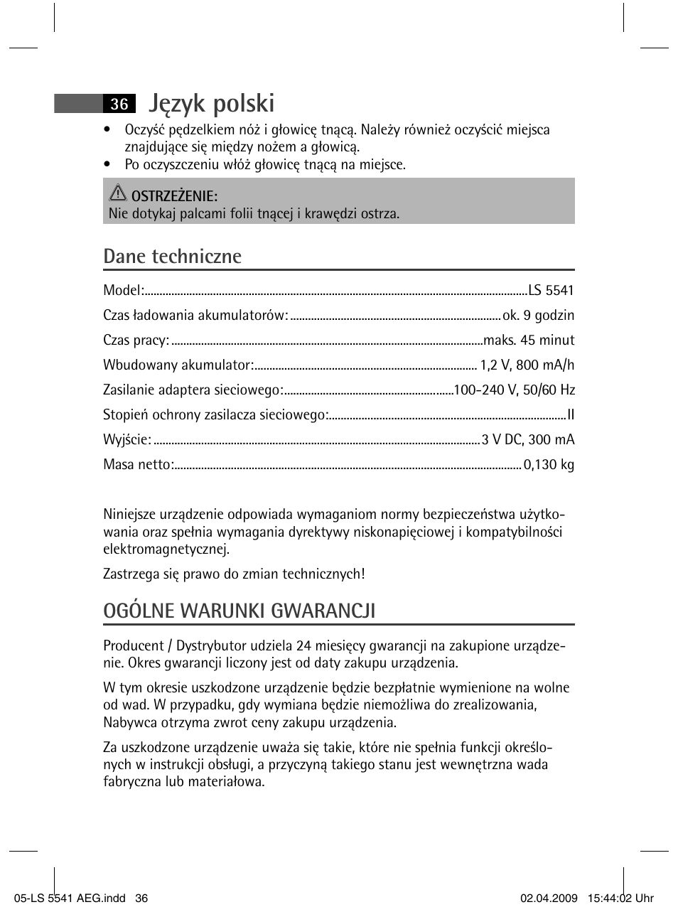 Język polski, Dane techniczne, Ogólne warunki gwarancji | AEG LS 5541 User Manual | Page 36 / 54