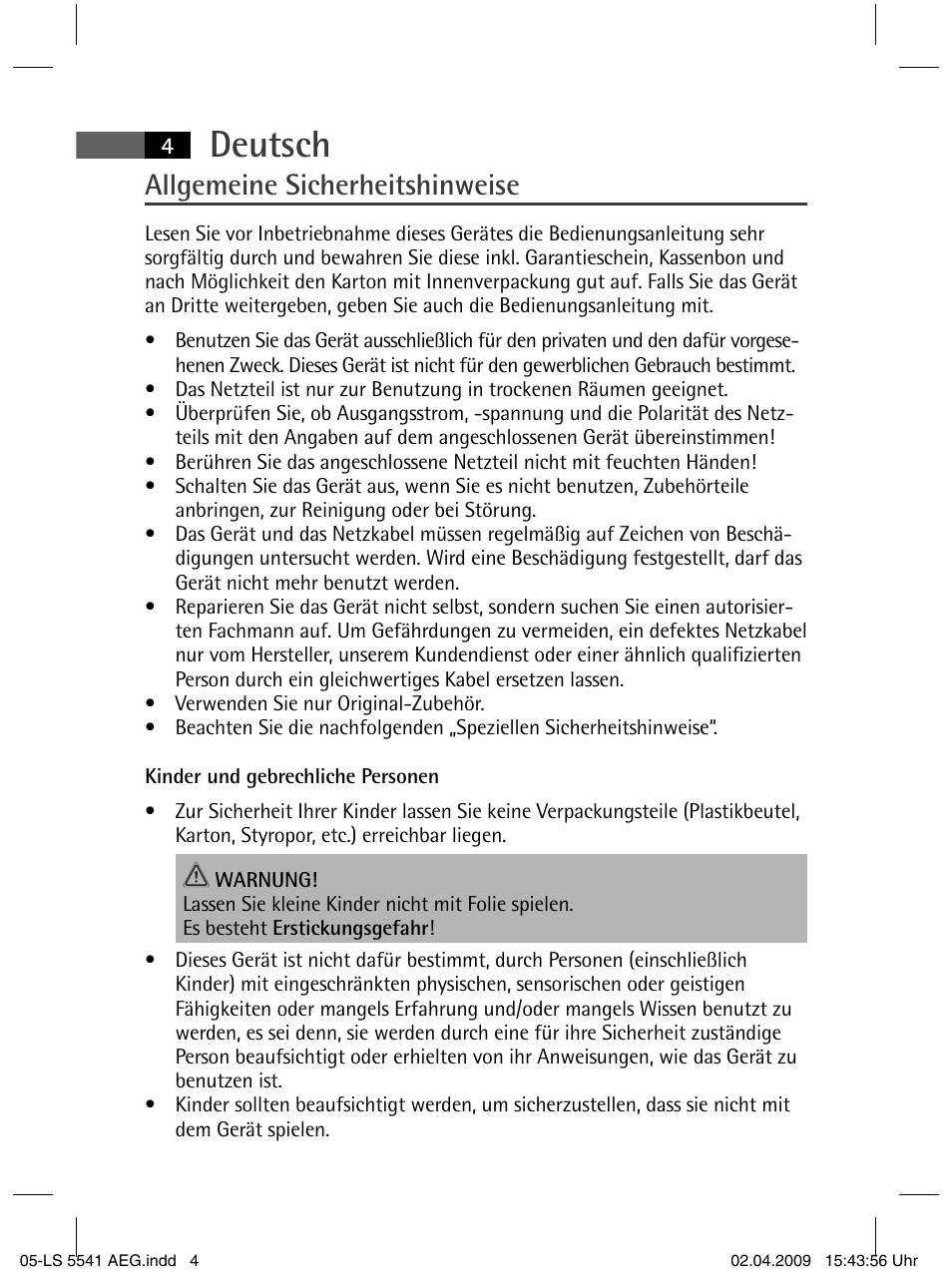 Deutsch, Allgemeine sicherheitshinweise | AEG LS 5541 User Manual | Page 4 / 54
